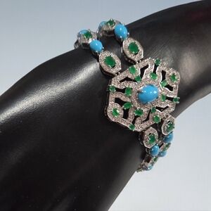 Exquisite Silver Emerald Turquoise Zircon Crystal Evening Bracelet
